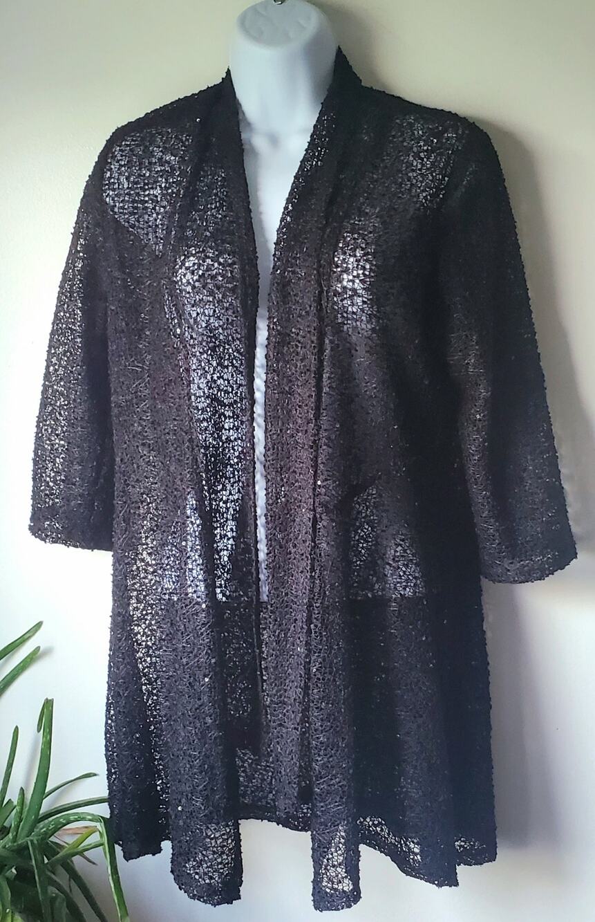 Womens Lace Sequin Black Open Cardigan Size M L Glam wedding Witchy Whimsygoth